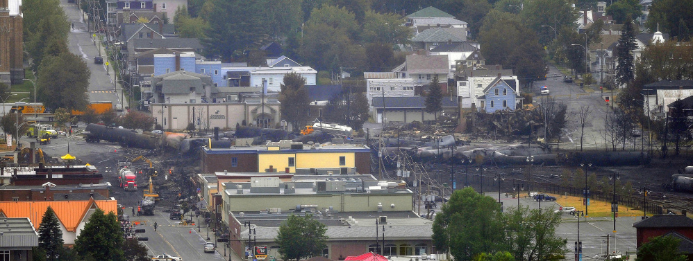 Crude oil tankers from the Montreal, Maine & Atlantic railways are seen July 9, 2013, in the heart of downtown Lac-Megantic, Quebec, where the runaway train exploded, killing 47 on July 6 of that year.