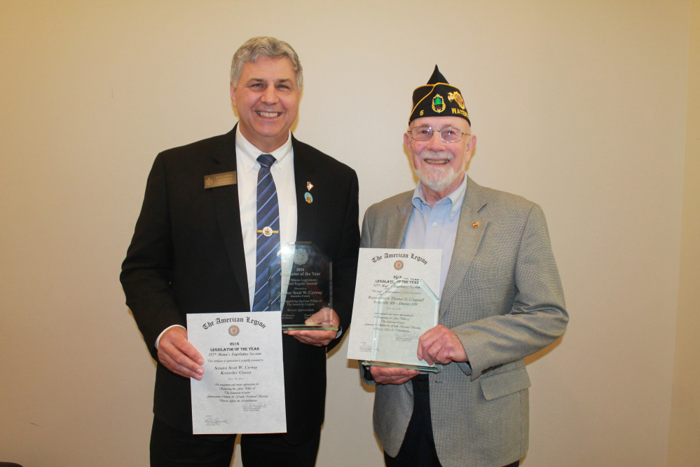 Sen. Scott Cyrway, R-Benton, left, and Rep. Thomas Longstaff, D-Waterville, were named American Legion Legislators of the Year at the Legion's annual state convention in June.
