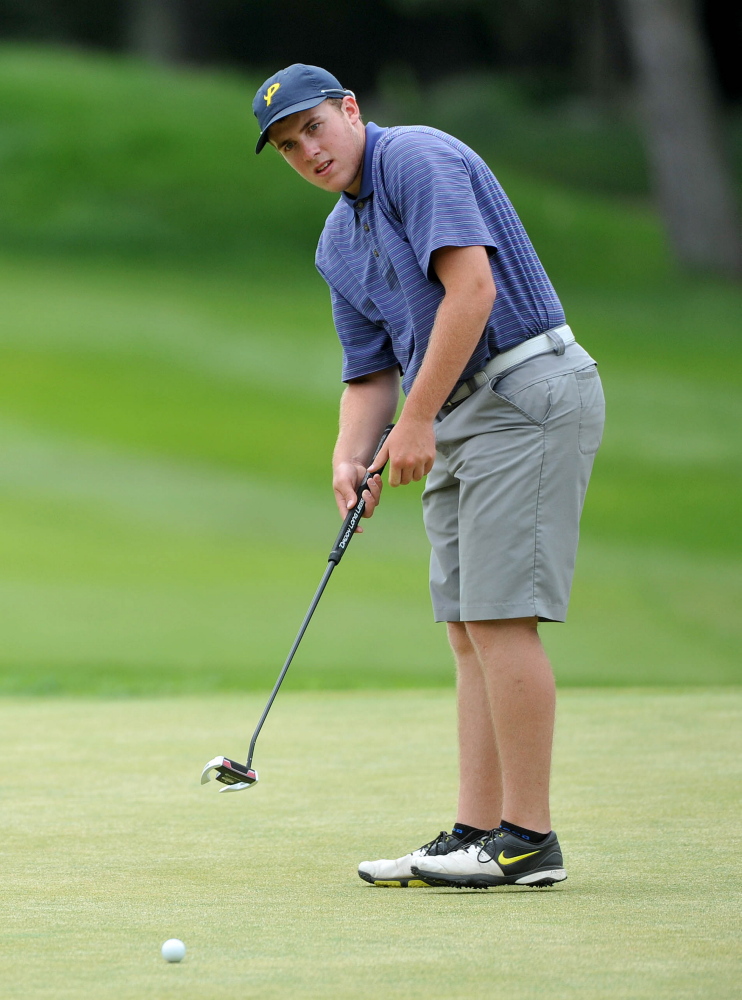 Gavin Dugas, of Pittsfield, putts on the 18th green in the first round of last year's Maine Am at Waterville Country Club in Oakland. Dugas finished 18th last season, but he's in contention for the title this season after consecutive rounds of even par at York Golf and Tennis Club.