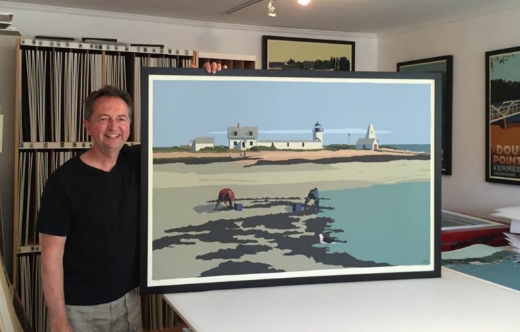 Farmingdale graphic artist Alan Claude's new poster, "Goat Island Clammers" debut Friday at the Yarmouth Clam Festival. The print features two iconic clam diggers with Goat Island Lighthouse in the background under a hazy blue sky. Claude has worked on his print for more than three years. The art is considered "Poster Style" reminiscent of the 1920's travel posters with its use of solid, bright and muted colors. 