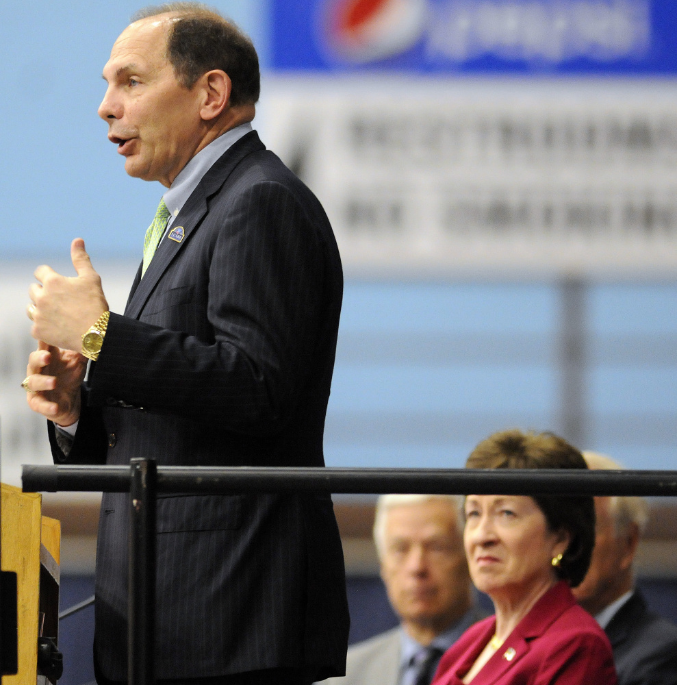 U.S. Veterans Affairs Secretary Robert McDonald addresses the Maine Military & Community Network conference Thursday in Augusta. At right are Sen. Susan Collins, R-Maine, and former U.S. Rep. Mike Michaud, D-2nd District, who works in the federal Department of Labor overseeing veterans' employment and training.