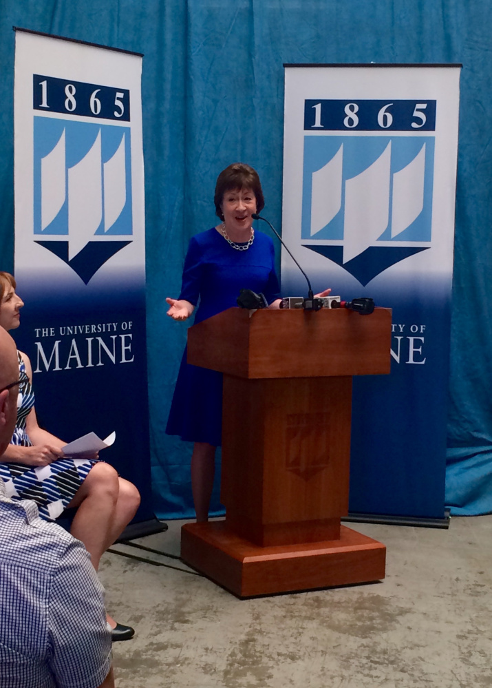 U.S. Sen. Susan Collins, R-Maine, tells an audience Friday at the University of Maine that collaboration among federal, state and local officials will be key to assessing the needs of the state's forest products industry.