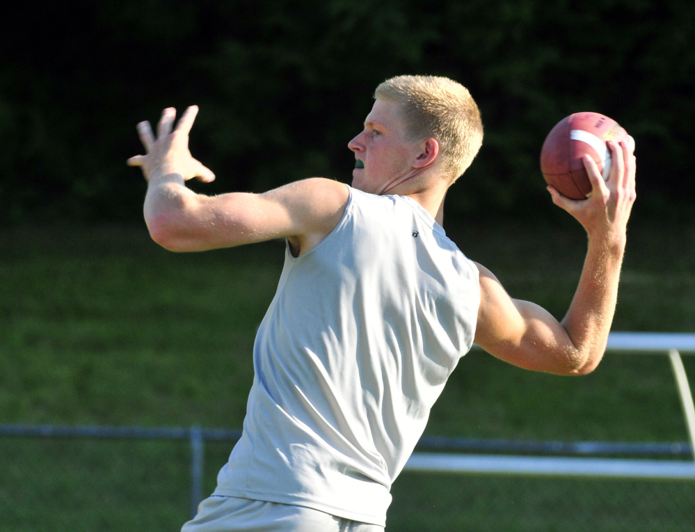 Wintrop/Monmouth quarterback Matt Ingram winds up to pass during a 7-on-7 game Friday in Turner.