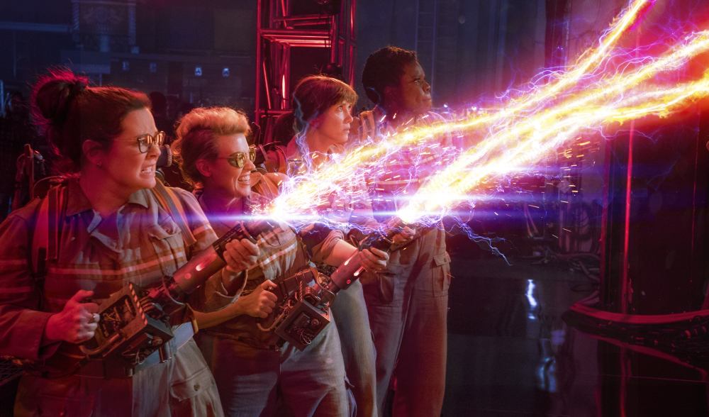 Melissa McCarthy, Kate McKinnon, Kristen Wiig and Leslie Jones appear in a scene from "Ghostbusters."