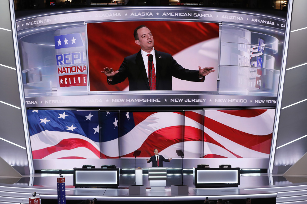 Reince Priebus, Chairman of the Republican National Committee, announces the rules of the convention during the opening day of the Republican National Convention in Cleveland, Monday, July 18, 2016.