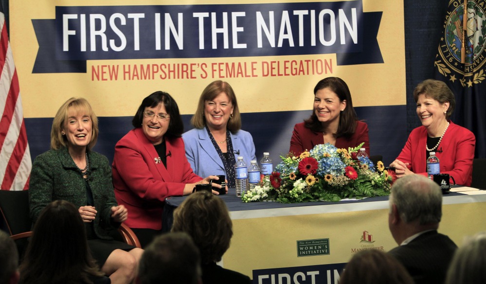 The five women holding New Hampshire's top political offices, from left, Democratic Gov. Maggie Hassan, U.S. Rep. Ann McLane Kuster, D-N.H., Carol Shea-Porter, D-N.H., U.S. Sen. Kelly Ayotte, R-N.H., and U.S. Sen. Jeanne Shaheen, D-N.H., discuss what their lives are like as female politicians at the Institute of Politics at Saint Anselm College in Manchester, N.H. All three northern New England states do better than the national average in electing women to their state Legislatures.