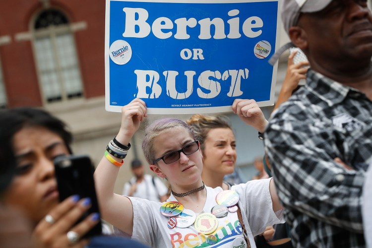 A supporter of Sen. Bernie Sanders protests at a rally in Philadelphia during the final day of the Democratic National Convention. 