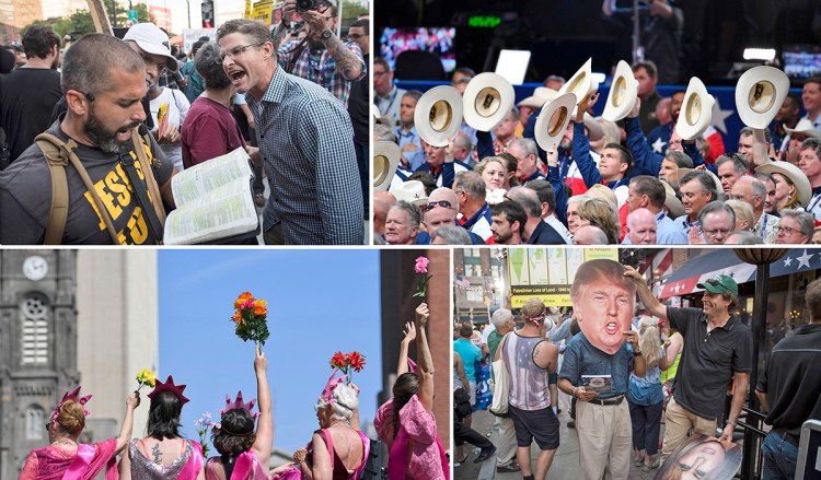 Clockwise from upper left: A man yells at an evangelical outside Quicken Loans Arena, site of the Republican National Convention (Washington Post photo by Jabin Botsford); Convention goers, including Texans, raise their hats during the opening day of the convention (Washington Post photo by Toni L. Sandys); People try out cutouts of the Trumps in the background of a television shot on Fourth Street (Washington Post photo by Jabin Botsford); A protest on the streets of Cleveland (Washington Post photo by Ricky Carioti).