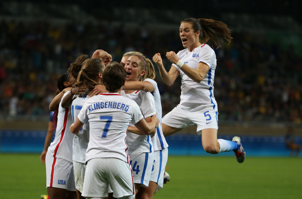 The United States celebrates after Carli Lloyd scored the lone goal of the game to lift the Americans to a 1-0 win over France in women's soccer on Saturday in Belo Horizonte, Brazil.