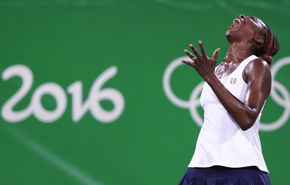 The Olympics ended early for Venus Williams, who followed her loss in the singles competition Saturday with a another defeat Sunday in doubles, along with her sister, Serena. The Williams sisters were seeking a fourth gold.