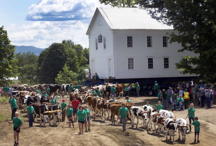 Teams of oxen help pull the Orleans County Grammar School on Monday in Brownington, Vt. Hundreds of people showed up to watch the building, built in 1823, move back to its original site.