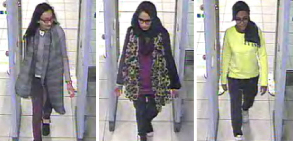 London schoolgirls Kadiza Sultana, left, Shamima Begum, center, and Amira Abase Pass through security at Gatwick airport, before catching a flight to Turkey. A lawyer said  Sultana, one of the three who traveled to Islamic State-controlled area of Syria to become "jihadi brides," is believed to have been killed in an airstrike.