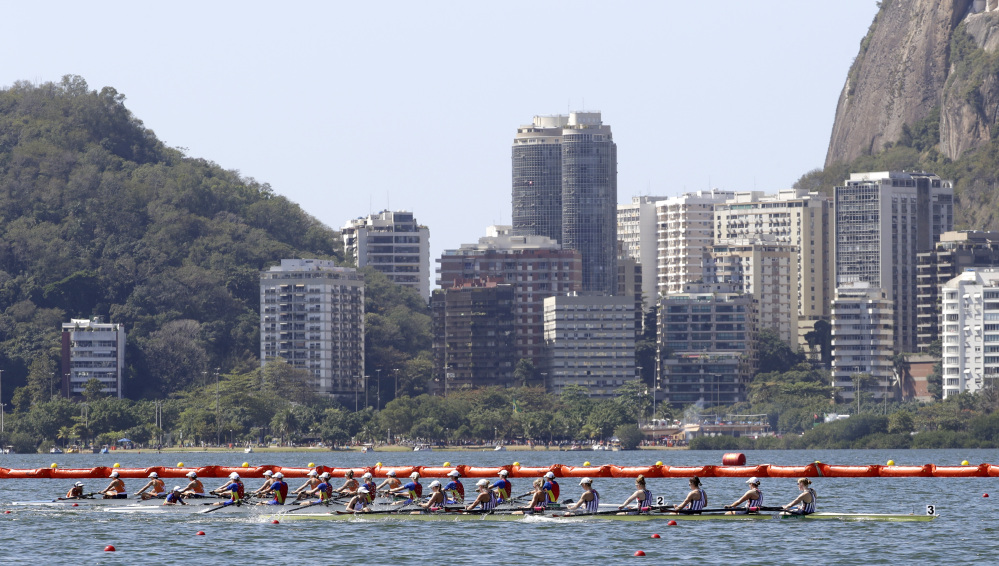 The United States rowing eight team – with Eleanor Logan of Boothbay Harbor third from the front – wins gold in the women's rowing eight final at the 2016 Summer Olympics in Rio de Janeiro, Brazil on Saturday. It was the third gold medal in the event for Logan.