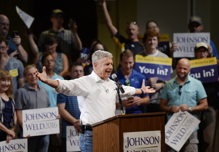 Libertarian presidential candidate Gary Johnson speaks Friday evening at the Franco American Heritage Center in Lewiston, where about 650 people turned out for his campaign appearance.
Shawn Patrick Ouellette/Staff Photographer