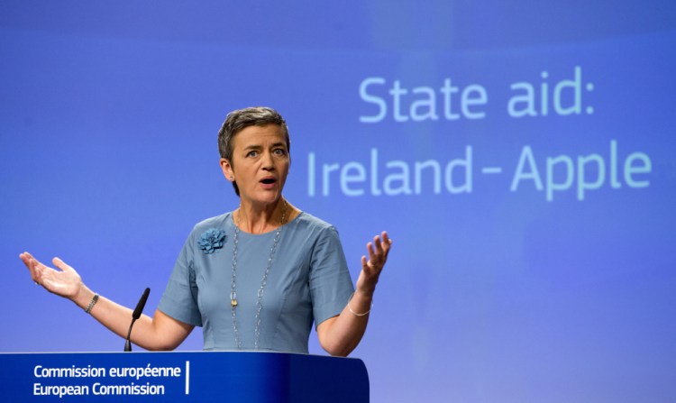 European Union Competition Commissioner Margrethe Vestager told a news conference Tuesday at the EU's headquarters in Brussels that selective tax treatment gave Apple Inc. an unfair advantage over other businesses.