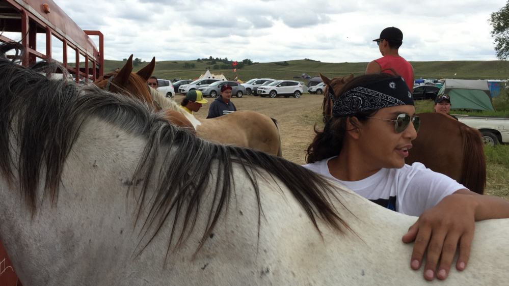 Tech Big Crow, 18, cares for one of the horses brought to the protest site. Environmental allies have stepped up to offer legal advice, write President Obama and march in Washington.