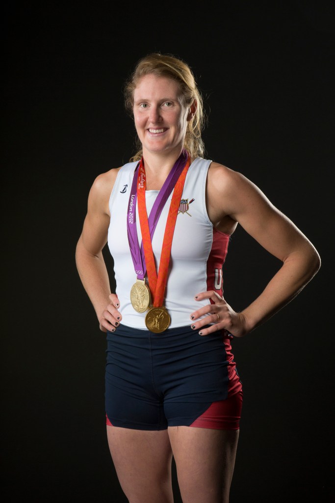 Ellie Logan wears her Olympic gold medals. "I love to race," she says. "I love being at the starting line when the gun goes off." Photo courtesy of USRowing
