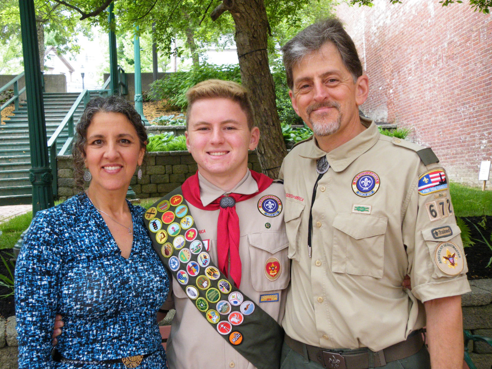 Garrett Parker Brown of Gardiner Boy Scout Troop 672, sponsored by Christ Church Episcopal, shared an Eagle Court of Honor with his cousin, Aaron Jacob Henry Montell, also of Troop 672, on June 5 in the old grand theater on the third floor of Johnson Hall in Gardiner. From left are Eagle Scout Garrett Brown with mother Karen Montell and father Donald Brown.