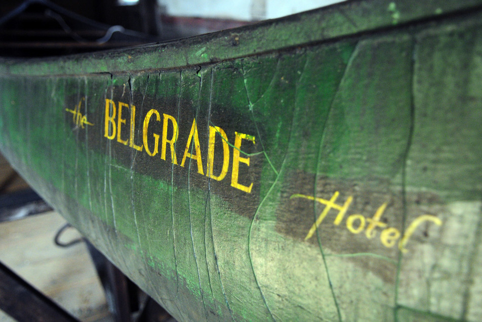 A detail photo of the 1945 Old Town canoe from the former Belgrade Hotel.