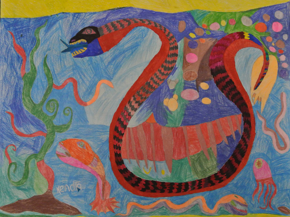 The summer Art in the Capital exhibition in Augusta features original artwork by Maine artists from the Spindleworks and SpinOff programs in Brunswick and Gardiner. Shown here are "Sea Serpent" by Kendra Bourque.