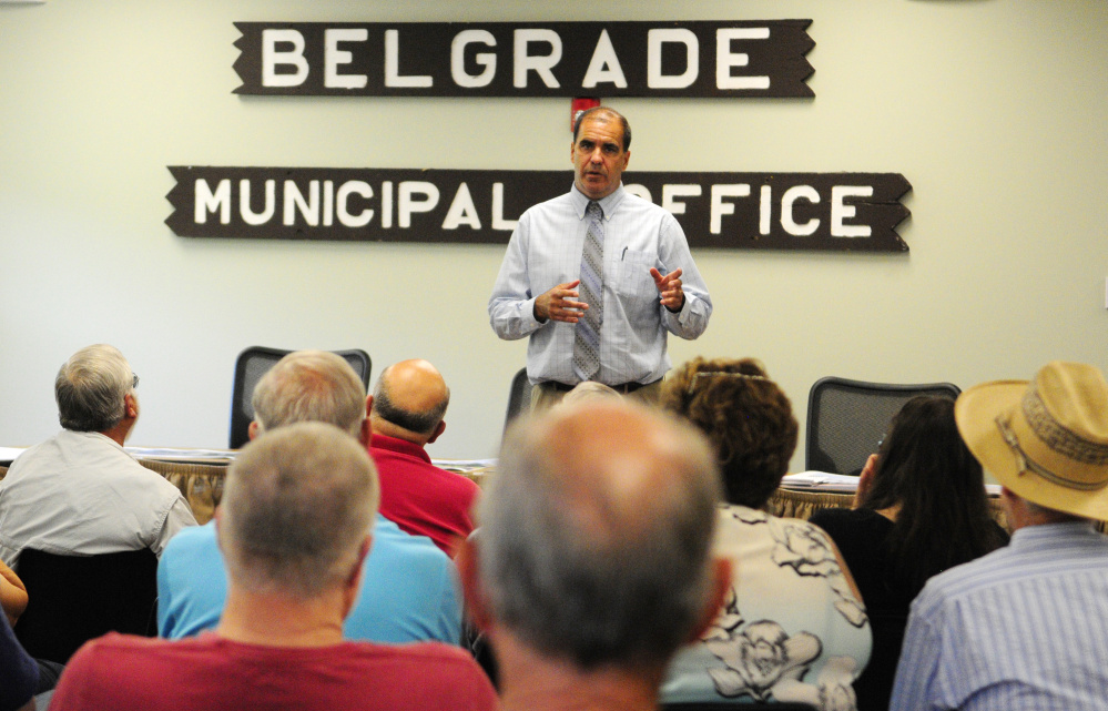 Ernest Martin, Maine Department of Transportation project manager, talks about Route 27 reconstruction during a meeting on Tuesday in Belgrade.