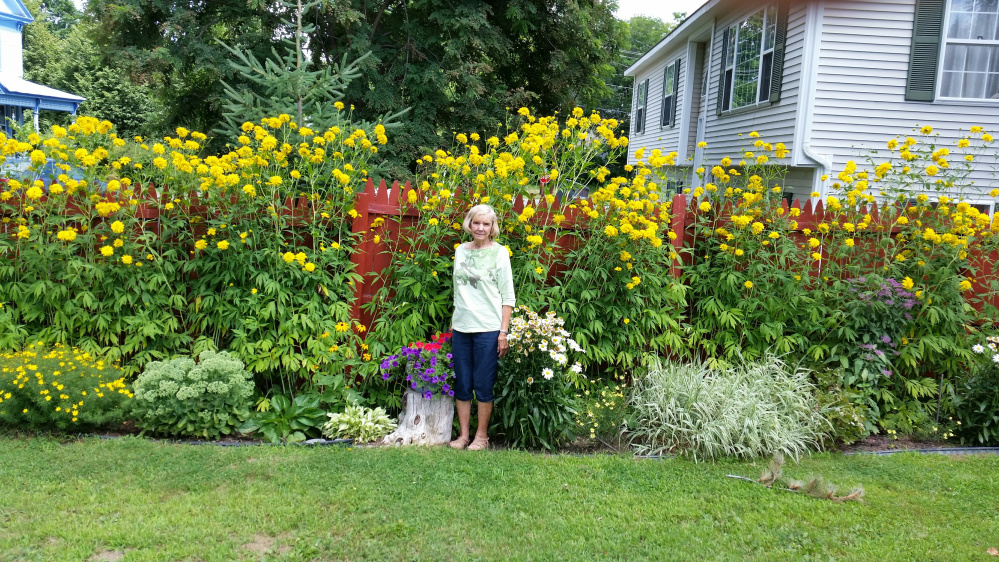 Shirley Lapointe, of Skowhegan, with one of her many gardens. Lapointe learned early this year that cancer was diagnosed for a second time. Where there was no promise that they could get it all, and gardening would be out, she decided to enjoy working in her perennial flower gardens and pots of annual flowers instead. She is always on the move, takes no medications, and feels good.