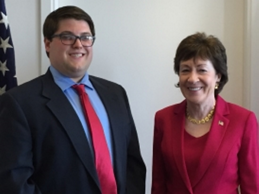 Isaac Gingras, left, with U.S. Sen. Susan Collins, has been awarded a summer internship at Collins' Augusta Constituent Service Center.