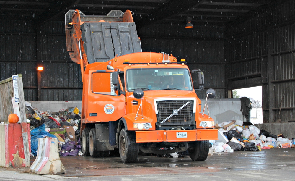 Garbage from Waterville is emptied at the Oakland transfer station. The trash now goes to the Penobscot Energy Recovery Corp. in Orrington, but that will change after 2018. Oakland has committed itself to using the planned Fiberight waste-to-energy plant in Hampden, but Waterville officials are looking for other options.