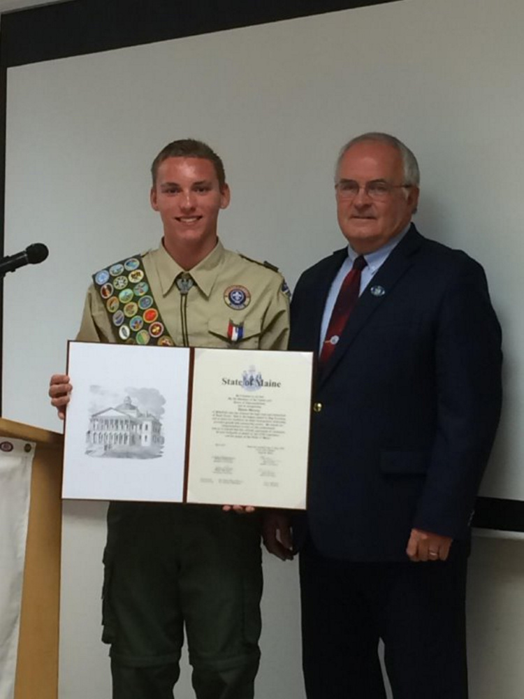 Boy Scout Troop 428 Eagle Scout Devon Varney, of Pittsfield, left, was presented a Legislative Sentiment by Rep. Stanley Short Jr., D-Pittsfield, at his Eagle Scout Court of Honor on July 31. The rank of Eagle Scout is the highest achievement in scouting and is given for excellence in skills development, leadership, personal growth and community service.