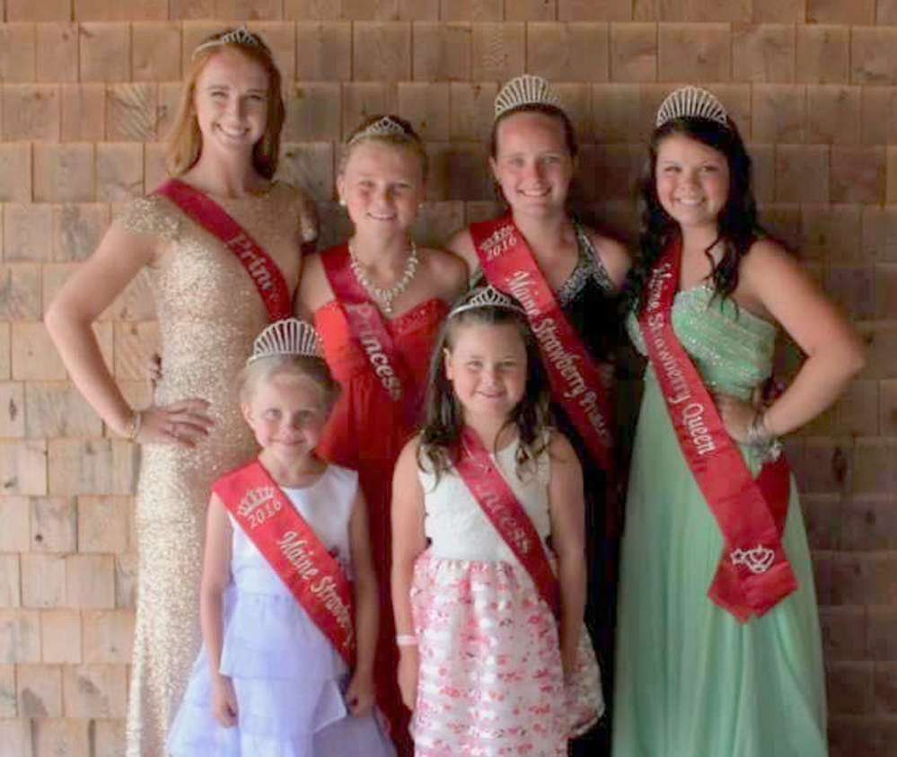 The Maine Strawberry Pageant was recently held at the Pittston Fair. The winners were: in front, from left, 2016 Maine Strawberry Blossom Lydia Moreland, of Pittston, and Blossom Runner Up Taylor Coutts, of Randolph. In back, from left, are Queen Runner Up and Miss Congeniality Abi Weston, of West Gardiner; Princess Runner Up Sada Chaisson, of Pittston; 2016 Maine Strawberry Princess Kyla Driscoll, of Pittston; and 2016 Maine Strawberry Queen Raelyn Spencer Of West Gardiner.