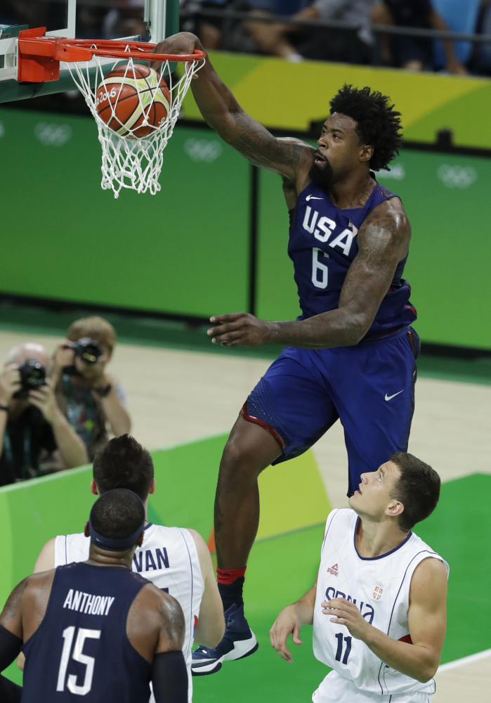 United States' DeAndre Jordan (6) dunks against Serbia during the men's gold medal basketball game at the 2016 Summer Olympics on Sunday in Rio de Janeiro, Brazil.
