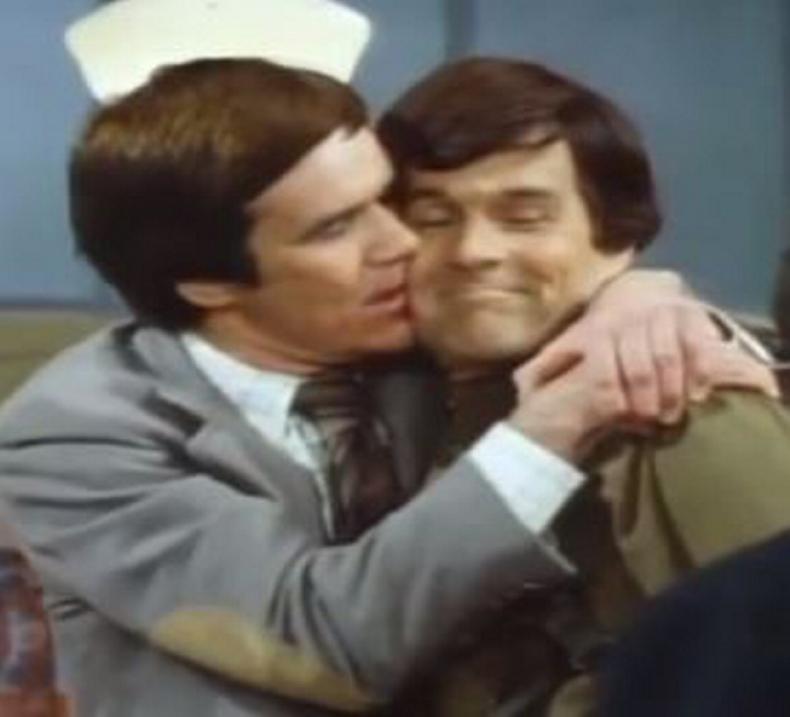 Actor Jack Riley, as Mr. Carlin on "The Bob Newhart Show," left, in 1977, with J.P. Devine, who was listed in the show's credits as Jerry Devine, but usually went as Jimmy Devine. Riley, a close friend of Devine's who got him the one-time part on the show, died last week.