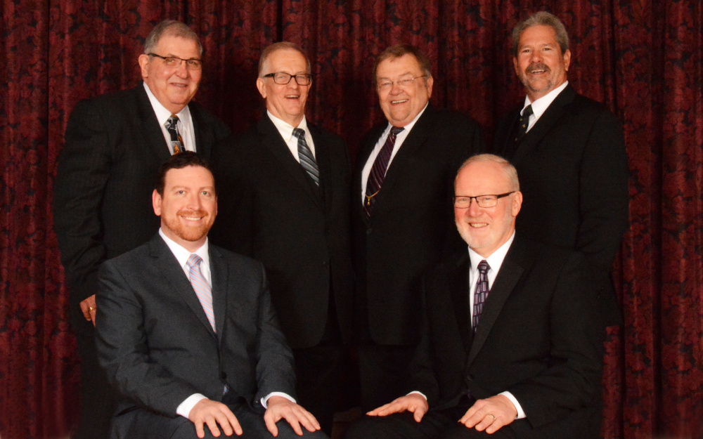 Grand Lodge of Masons has announced its new officers. Front, from left, are Scott Whytock, of Scarborough, grand treasurer; and Daniel Bartlett, of Belfast, grand secretary. Back, from left, are William Layman, of Augusta, senior grand warden; Thomas Pulkkinen, of East Boothbay, grand master; Mark Rustin, of Newburgh, deputy grand master; and Donald Pratt, of South China, junior grand warden.