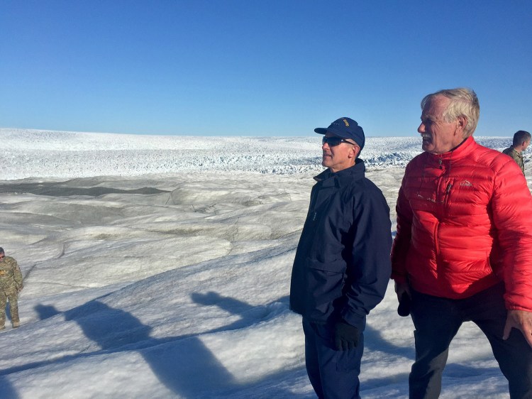 U.S. Coast Guard Commandant Paul F. Zukunft and Sen. Angus King survey the Jacobshavn Glacier on Monday. “What’s happening there is amazing and scary,” King said of Greenland's largest glacier.