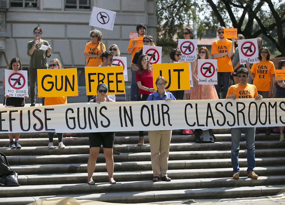 Not everyone embraces an unconditional Second Amendfment at the University of Texas, where protesters gathered last October to oppose a new state law that expands the rights of concealed handgun license holders on public college campuses.