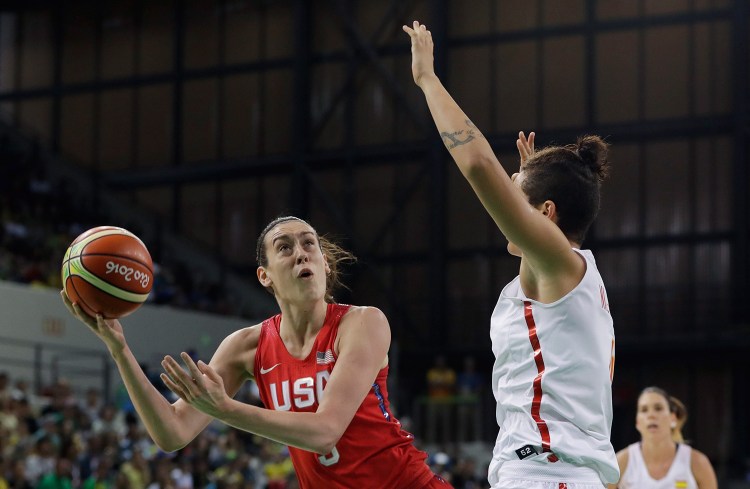 U.S. forward Breanna Stewart shoots during the first half of a women's basketball game against Spain.