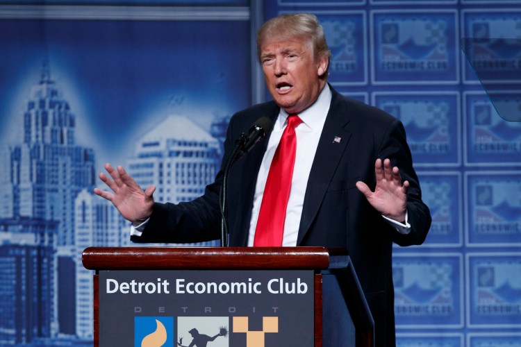 Donald Trump delivers an economic policy speech to the Detroit Economic Club on Monday in Detroit.