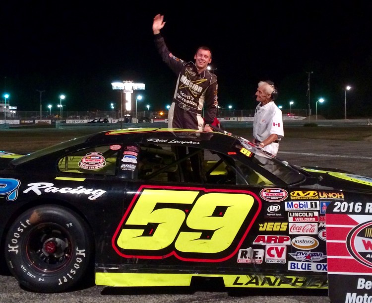 Reid Lanpher of Manchester celebrates a win at Beech Ridge Motor Speedway in Scarborough earlier this season. Lanpher finished second in the Oxford 250 last year in his first start in the race.
