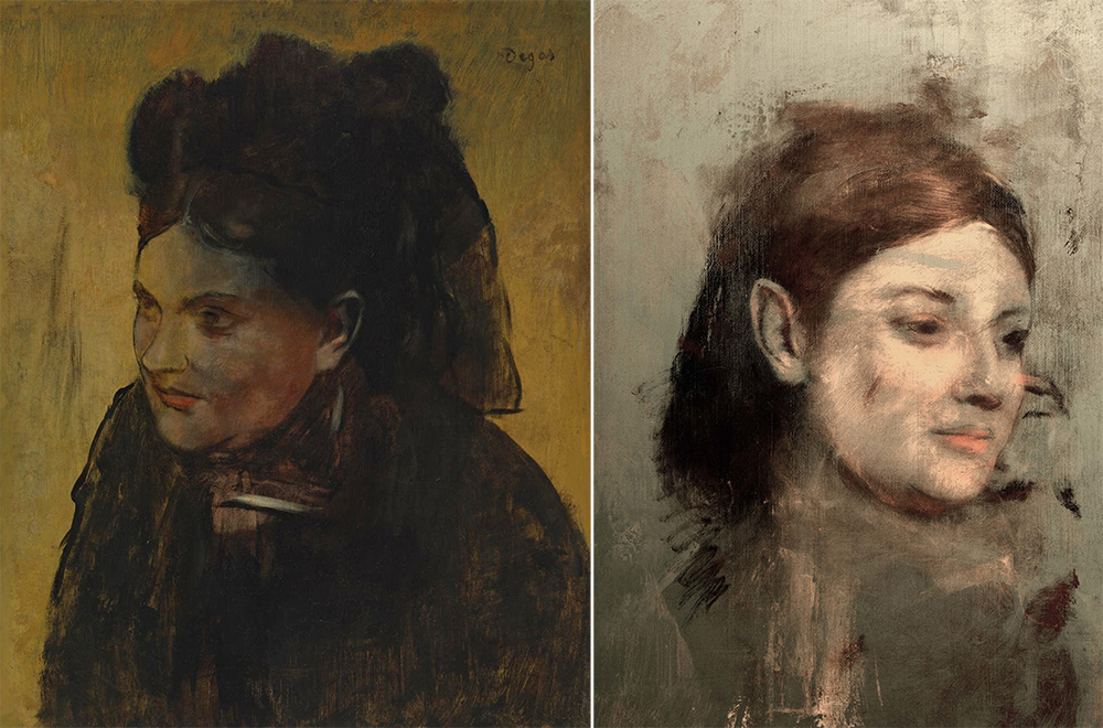 Edgar Degas' "Portrait of a Woman," left, and the image of a woman believed to be a 19th-century French model that was revealed underneath by a high-definition X-ray beam. Australian Synchrotron via AP