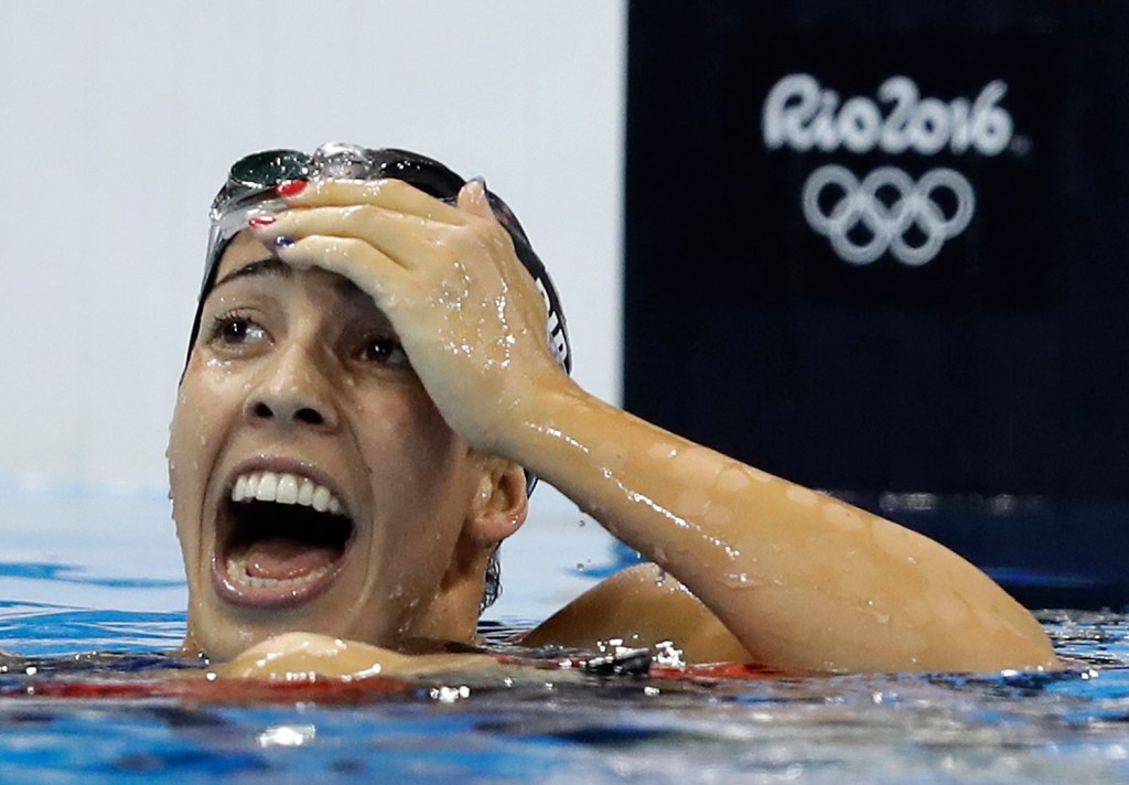 Maya DiRado of the U.S. reacts to her gold-medal swim in the women's 200-meter backstroke Friday night.
Associated Press/Michael Sohn