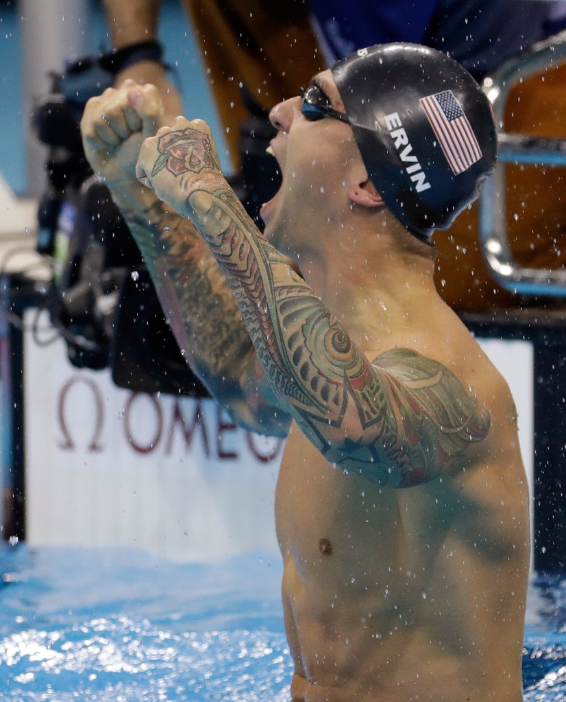 Anthony Ervin celebrates after winning the men's 50-meter freestyle in a time of 21.4 seconds.
Associated Press/Julio Cortez