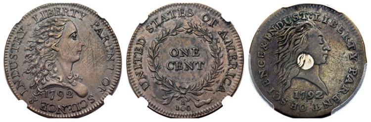 Left to Right: Both sides of the "Birch Cent" and the obverse of the "Silver Center Cent"