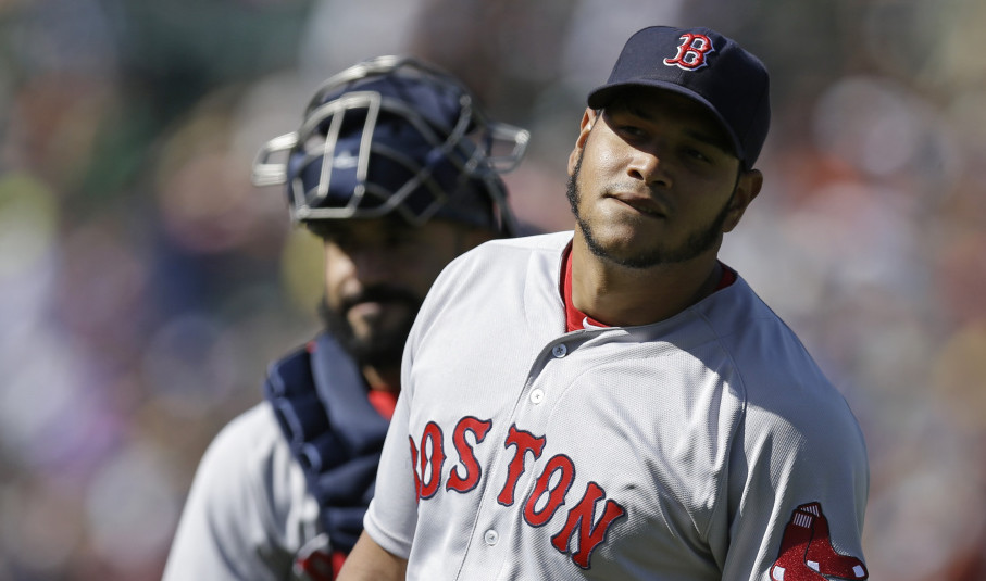 Red Sox pitcher Eduardo Rodriguez reacts Sunday after his no-hit bid ended with two outs in the eighth inning when a replay review overturned an out call at first base. Oakland got a run in the ninth off reliever Craig Kimbrel to earn a 1-0 win.