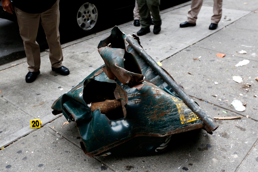 A mangled toolbox sits at the scene of an explosion Saturday night in the Chelsea neighborhood of New York.