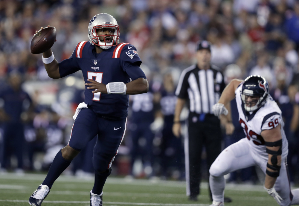 Jacoby Brissett lead the Patriots to a victory Thursday night against the Houston Texans but his status for the Patriots' next game, on Oct. 2 against Buffalo, is in question after he suffered an injury to his right thumb.