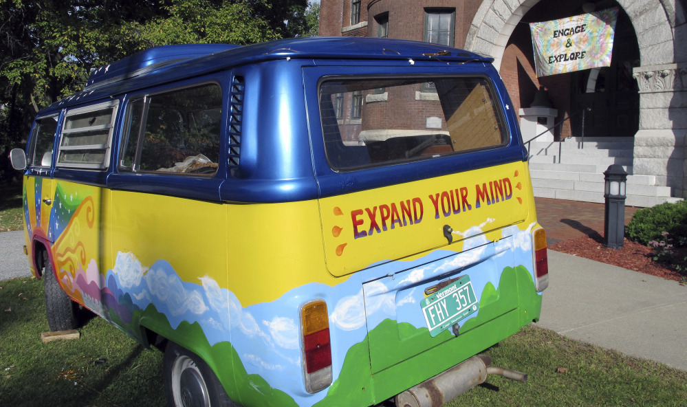 A vintage Volkswagen van sits outside the Vermont History Center in Barre to promote "Freaks, Radicals & Hippies," a new exhibit about counterculture in the state during the 1970s.