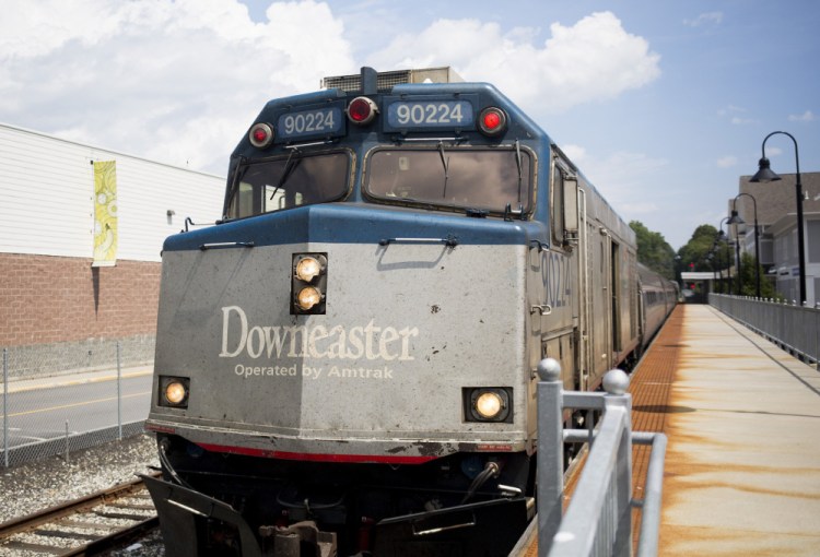 The Amtrak Downeaster arrives in Brunswick last month. Passengers will be compensated with reduced fares during the construction period in October and November.