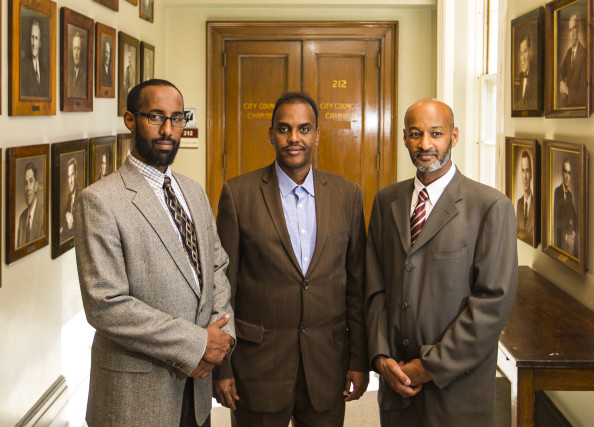 Immigrant leaders gather in City Hall after announcing the launch of New Mainers Alliance. From left: Mahmoud Hassan, the new group's co-founder and president of Somali Community Center of Maine; Abdifatah Ahmed, chairman of the alliance; and Elmuatz Abdelrahim, co-founder of the alliance.