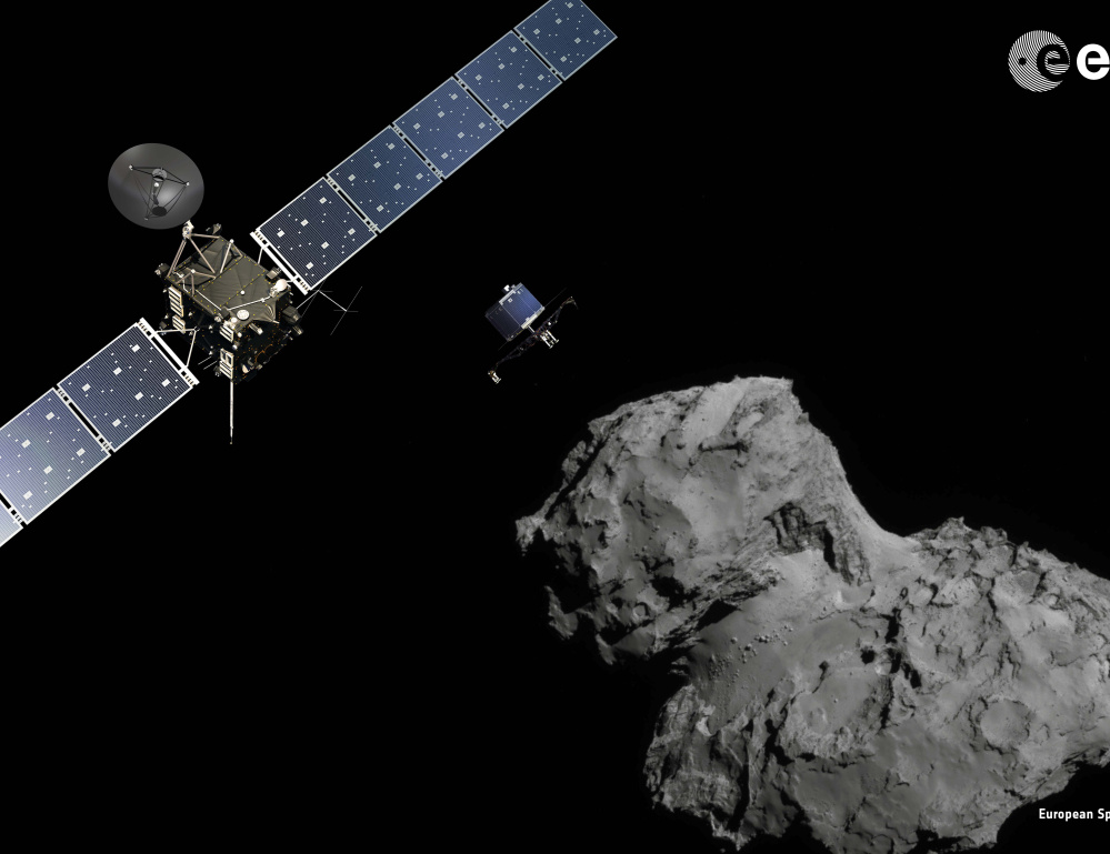 Above, an artist's rendering shows the Rosetta orbiter as it tracks the 2.5-mile-wide comet known as 67P, revealing a dramatic world of towering cliffs, deep pits and massive boulders.