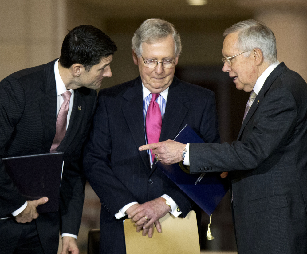 Finger-pointing has postponed action on many weighty issues until 2017. From left, House Speaker Paul Ryan, Senate Majority Leader Mitch McConnell and Senate Minority Leader Harry Reid, confer.